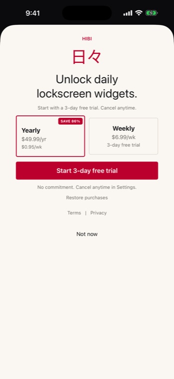the hibi paywall, yearly and weekly with a 3-day trial