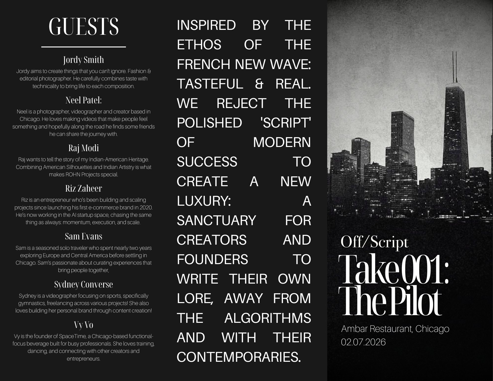 the take 001 trifold program — guest bios, the manifesto and the chicago skyline cover