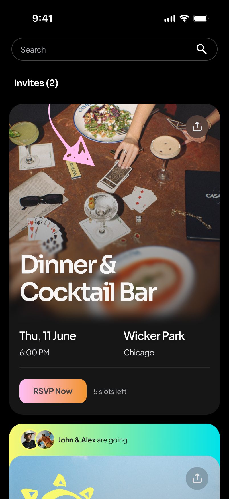 app design — discovery feed of curated hangouts with RSVP buttons