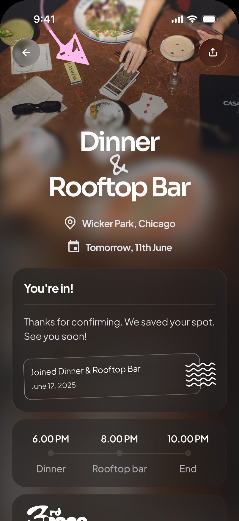 app design — event page for dinner & rooftop bar with one-tap rsvp