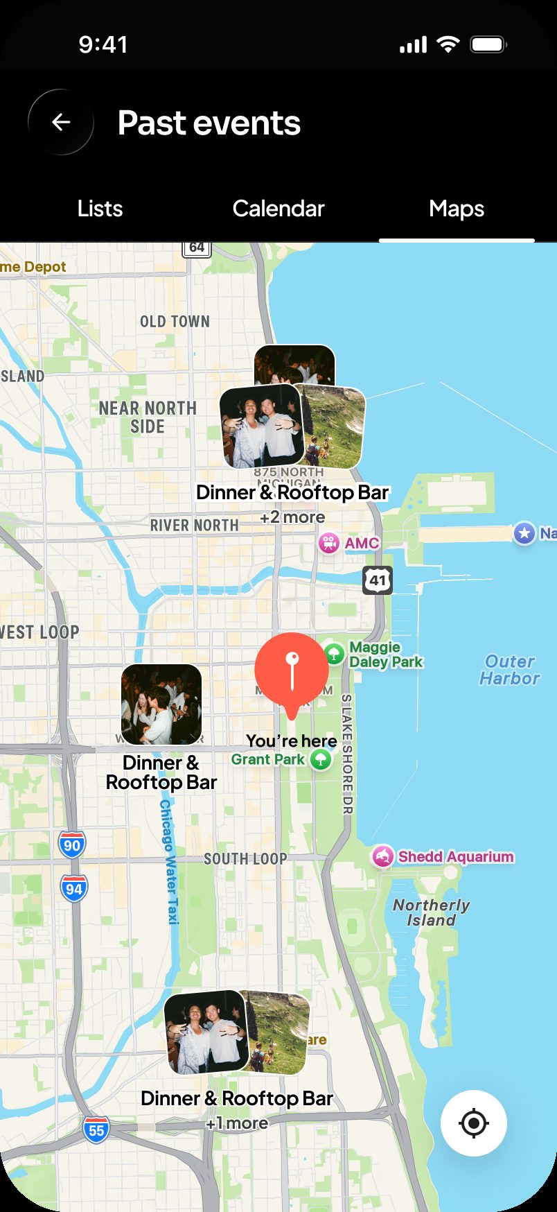 app design — social trail map of past events pinned across chicago