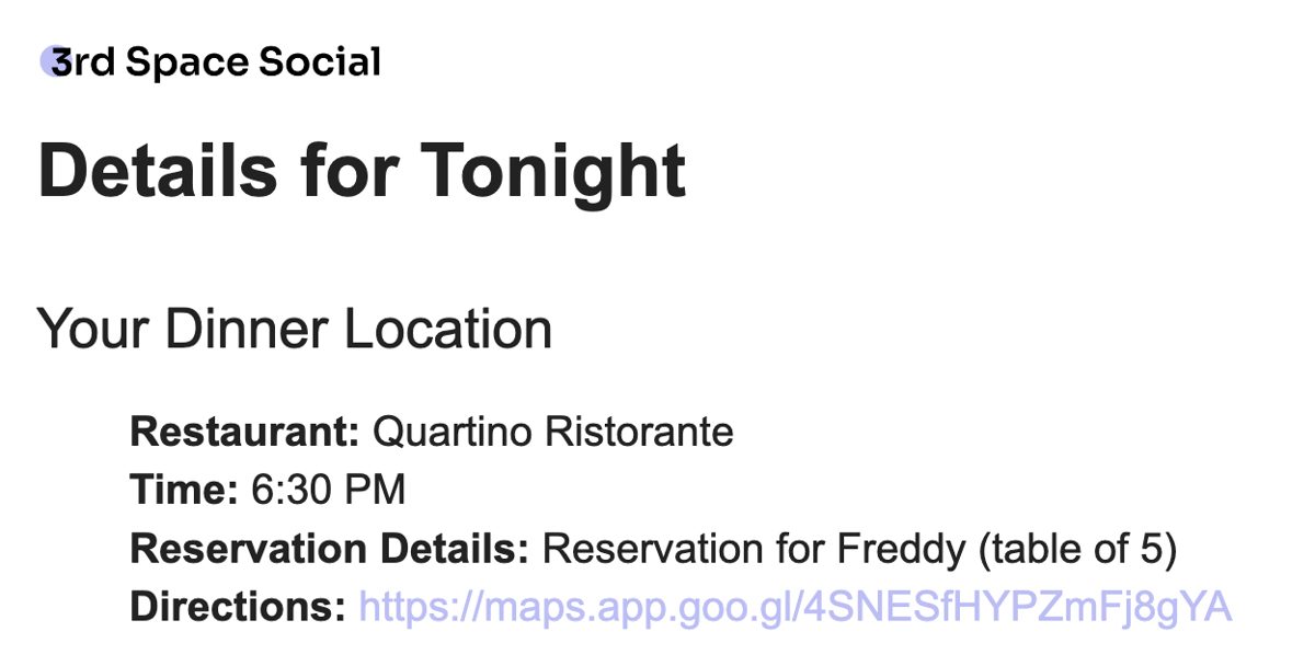 details-for-tonight screen with the dinner reservation, time and directions handled