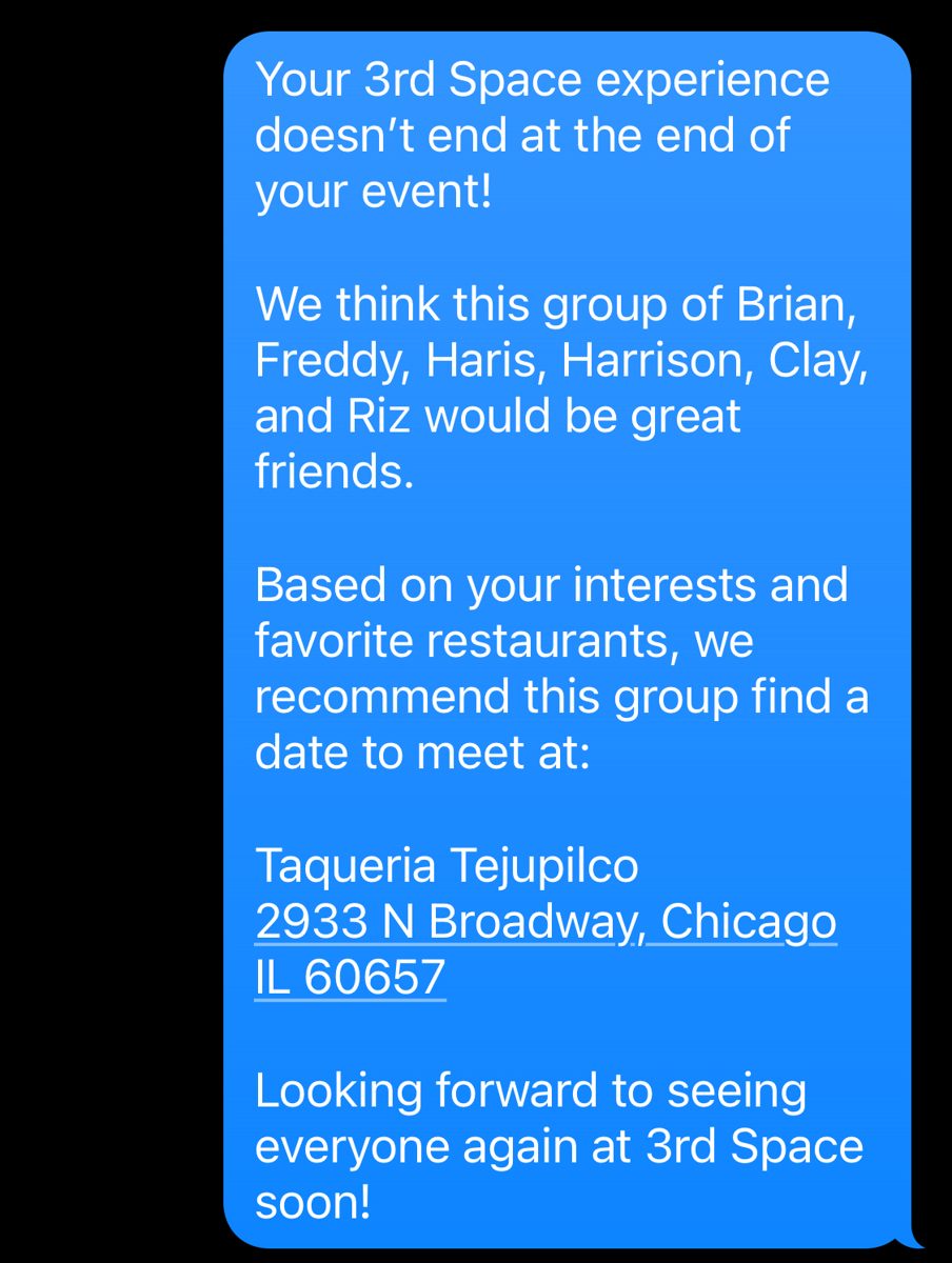 follow-up text recommending the matched group meet again at a chicago taqueria