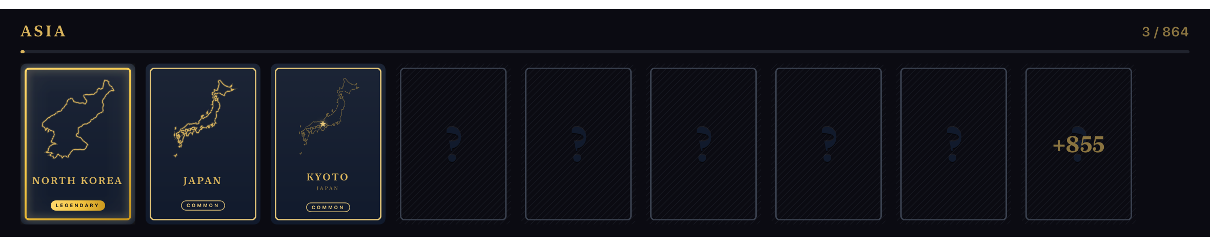 a vault shelf — asia, three collected cards then locked question-mark card backs